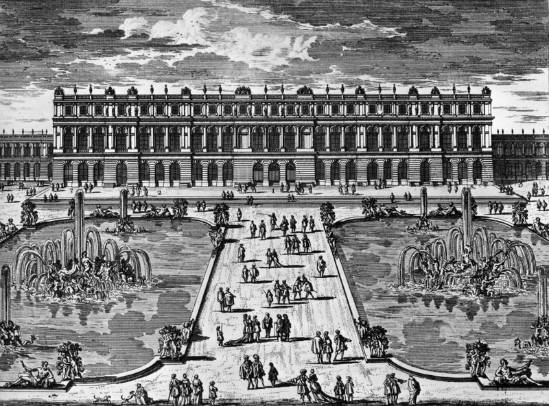 The garden front of the Palace Of Versailles circa 1750. Engraving by Langlois after Perelle.